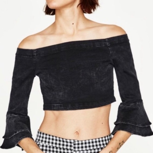 Zara Denim Off The Shoulder Grey Ruffle Top S - Picture 1 of 4